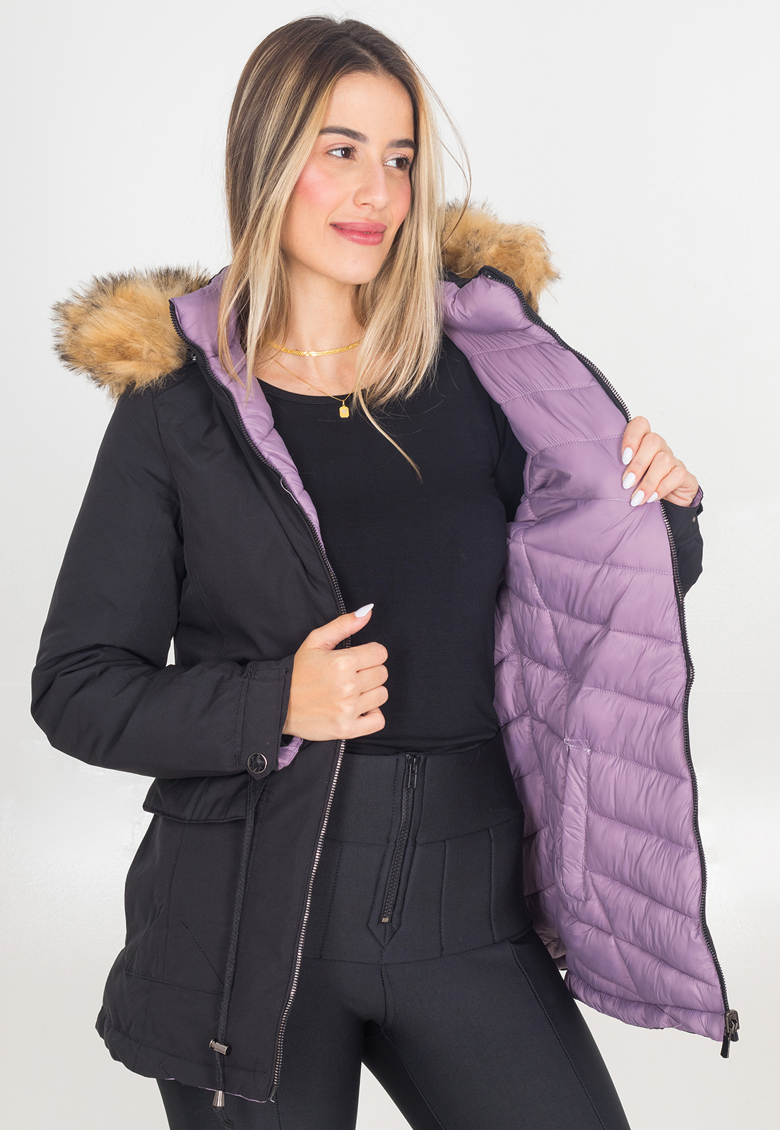 Jaqueta Parka Feminina Nylon Dupla Face Capuz Removível