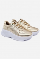 Tênis Sneaker Alto Feminino Chunky Couro Dourado