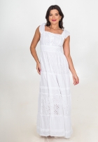 Vestido Indiano Longo Lese Branco Algodão Alça Babado Liso