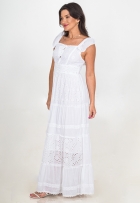 Vestido Indiano Longo Lese Branco Algodão Alça Babado Liso