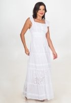 Vestido Indiano Longo Lese Branco Algodão Alça Babado Liso