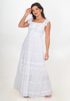 Vestido Indiano Longo Lese Branco Algodão Alça Babado Liso