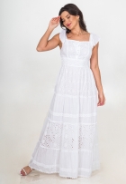 Vestido Indiano Longo Lese Branco Algodão Alça Babado Liso