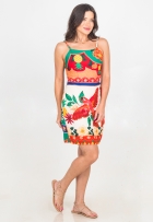 Vestido Viscolinho Curto Estampa Tropical de Alça Regulável