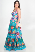 Vestido Longo Viscolinho De Alça Estampa Tropical Verão