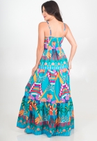 Vestido Longo Viscolinho De Alça Estampa Tropical Verão