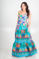 Vestido Longo Viscolinho De Alça Estampa Tropical Verão