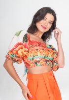 Blusa Cropped Feminino Bojo Estampa Tropical Manga Princesa