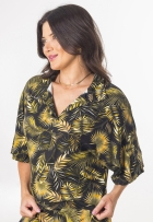 Blusa Cropped Viscolycra Estampa Tropical Manga Curta Casual