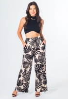 Calça Pantalona Feminina Viscolycra Estampa Tropical Bolsos