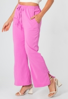 Calça Pantalona Feminina De Crepe Cós Elástico Fenda E Bolso