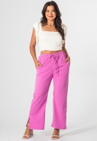 Calça Pantalona Feminina De Crepe Cós Elástico Fenda E Bolso