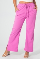 Calça Pantalona Feminina De Crepe Cós Elástico Fenda E Bolso