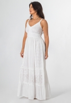 Vestido Longo Indiano Branco Lese Alça Decote V Algodão Liso