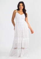 Vestido Longo Indiano Lese Branco Algodão Com Botão Lastex